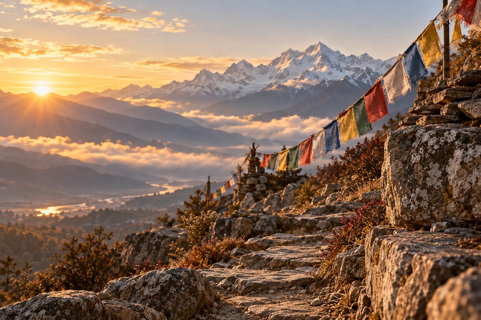 Prayer flags beside a Himalayan path